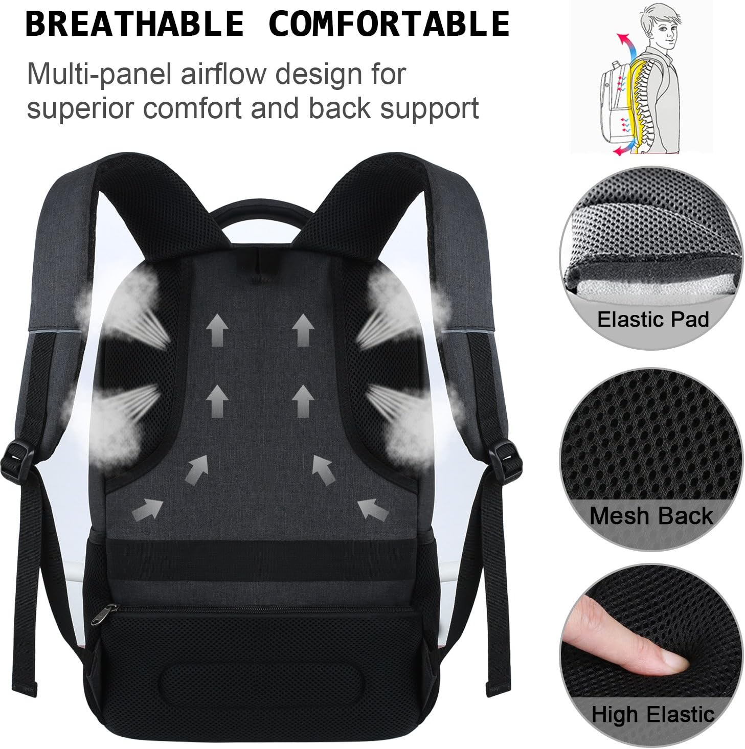 Volher Laptop Backpack,Business Travel Anti Theft Slim College Backpack | Water Resistant Durable Computer Bag Gift for Women & Men Fits 15.6 Inch Laptop and Notebook - Black - Image 5