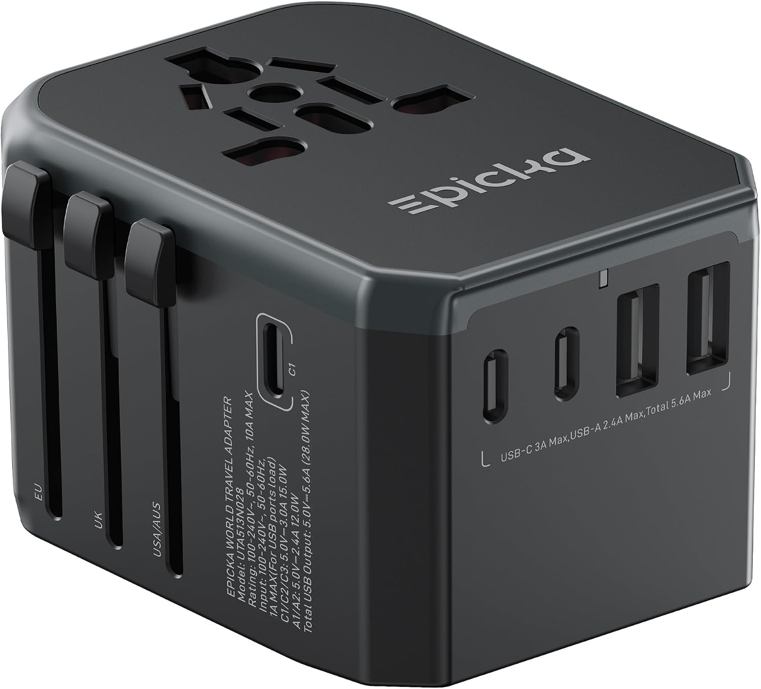 EPICKA Universal Travel Adapter with 1AC/3 USB-C/2 USB-A Ports | Travel Plug Adapter for EU/US/UK/AUS, Supports Charging for Multi-Device, Not A Voltage Converter, TA-105+, Grey