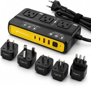 220V to 110V Power Converter EU to US, 2000W Voltage Converter for Europe Travel, Travel Power Converter with 2 USB-C & 2 USB-A Outputs, Travel Adapter Kit Include Type A/B/C/G/I/L - Black