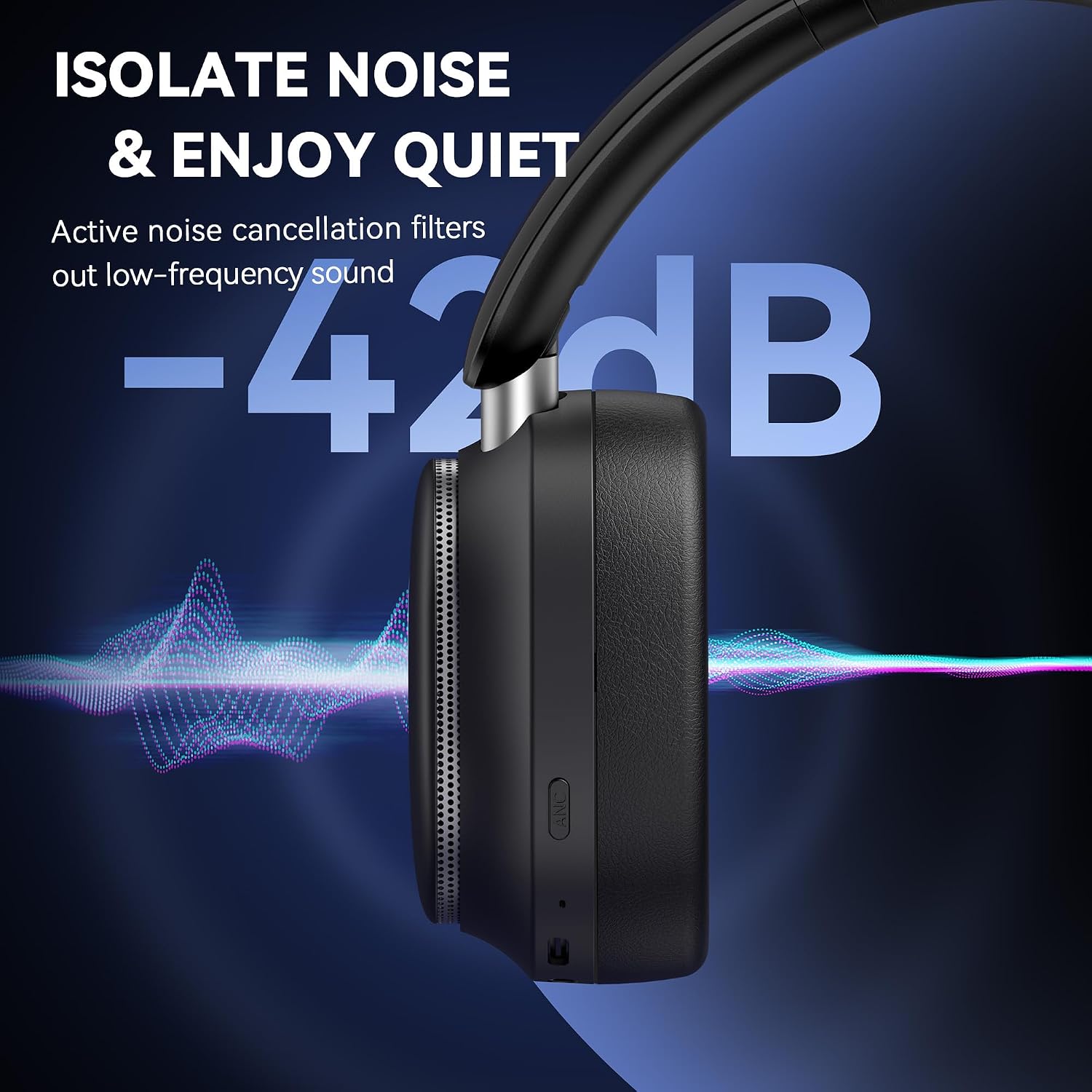 Bluetooth Headphones, Noise Cancelling Headphones Wireless Over Ear -Black | 80H Playtime, Bluetooth 6.0, HiFi Stereo, Foldable & Lightweight Design for Travel, Home, Office - Image 2