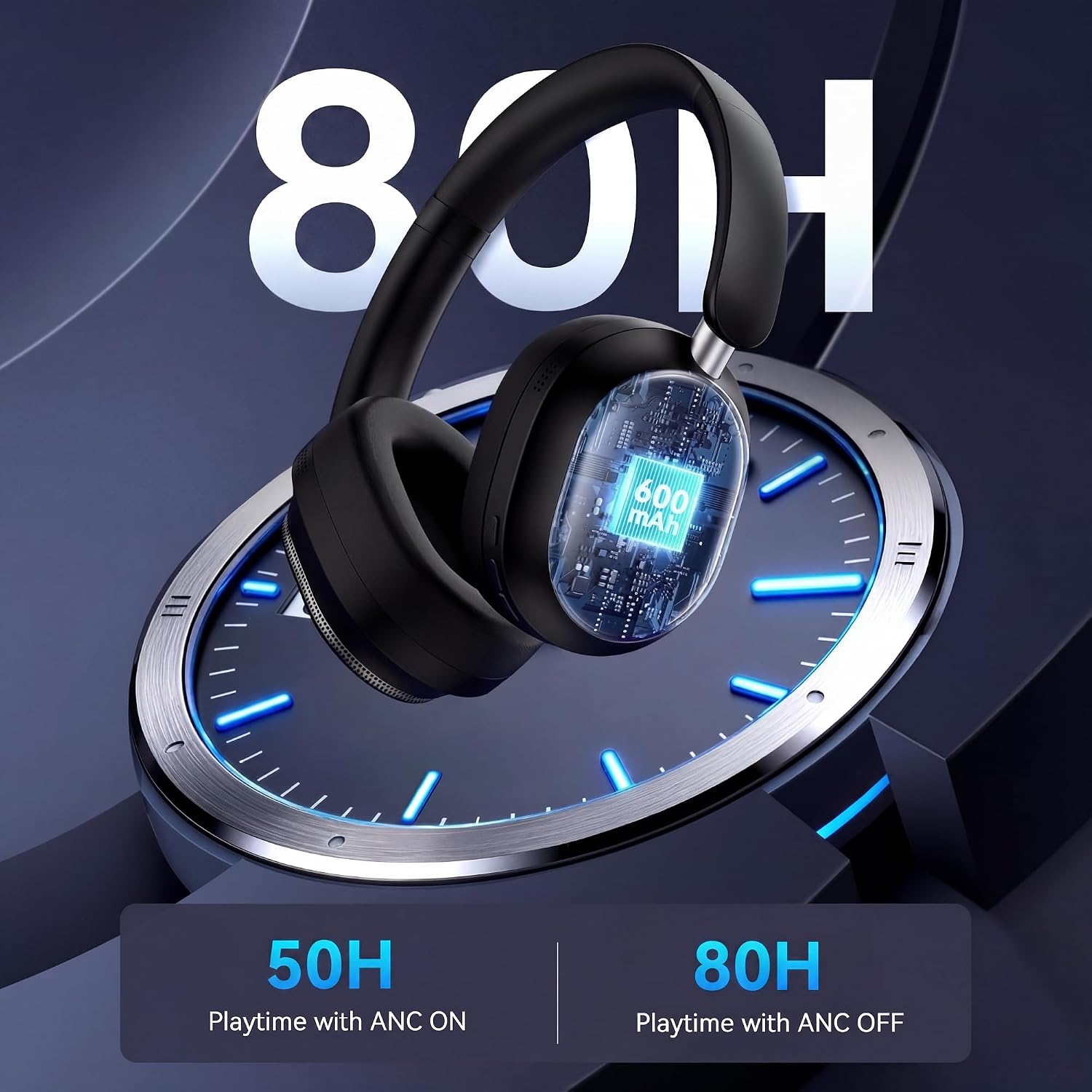 Bluetooth Headphones, Noise Cancelling Headphones Wireless Over Ear -Black | 80H Playtime, Bluetooth 6.0, HiFi Stereo, Foldable & Lightweight Design for Travel, Home, Office - Image 3