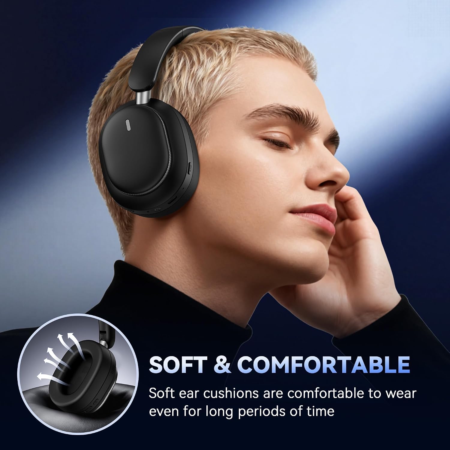 Bluetooth Headphones, Noise Cancelling Headphones Wireless Over Ear -Black | 80H Playtime, Bluetooth 6.0, HiFi Stereo, Foldable & Lightweight Design for Travel, Home, Office - Image 4