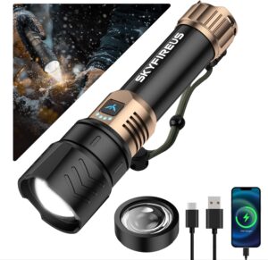 SKYFIRE LED Flashlights High Lumens with Ignition Lens,5000 Super Bright Rechargeable Flashlight,Zoomable,6 Modes,Waterproof Tactical Flash Light for Camping Essentials,Outdoor and Home,Gift
