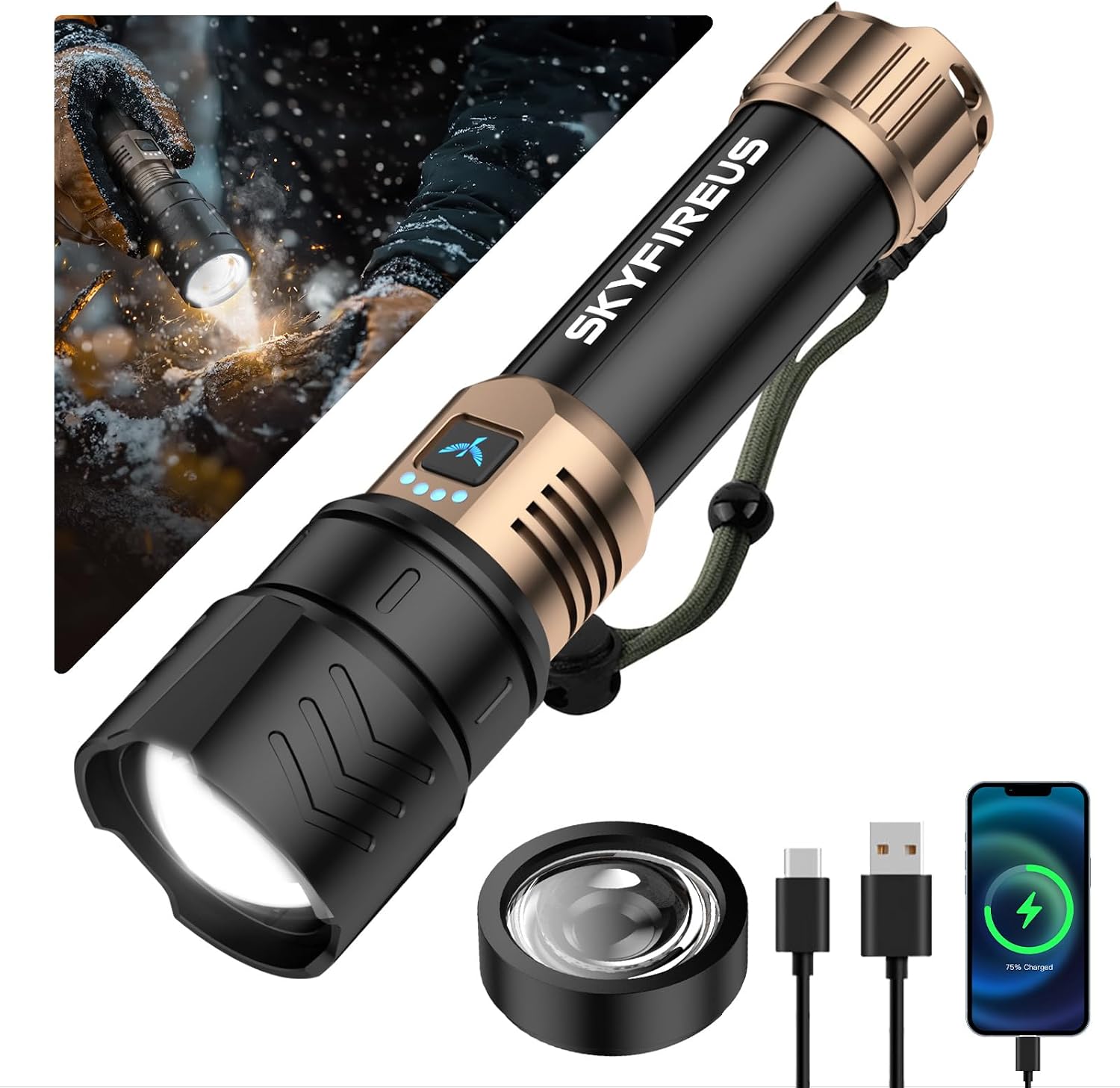 SKYFIRE LED Flashlights High Lumens with Ignition Lens,5000 Super Bright Rechargeable Flashlight,Zoomable,6 Modes,Waterproof Tactical Flash Light for Camping Essentials,Outdoor and Home,Gift