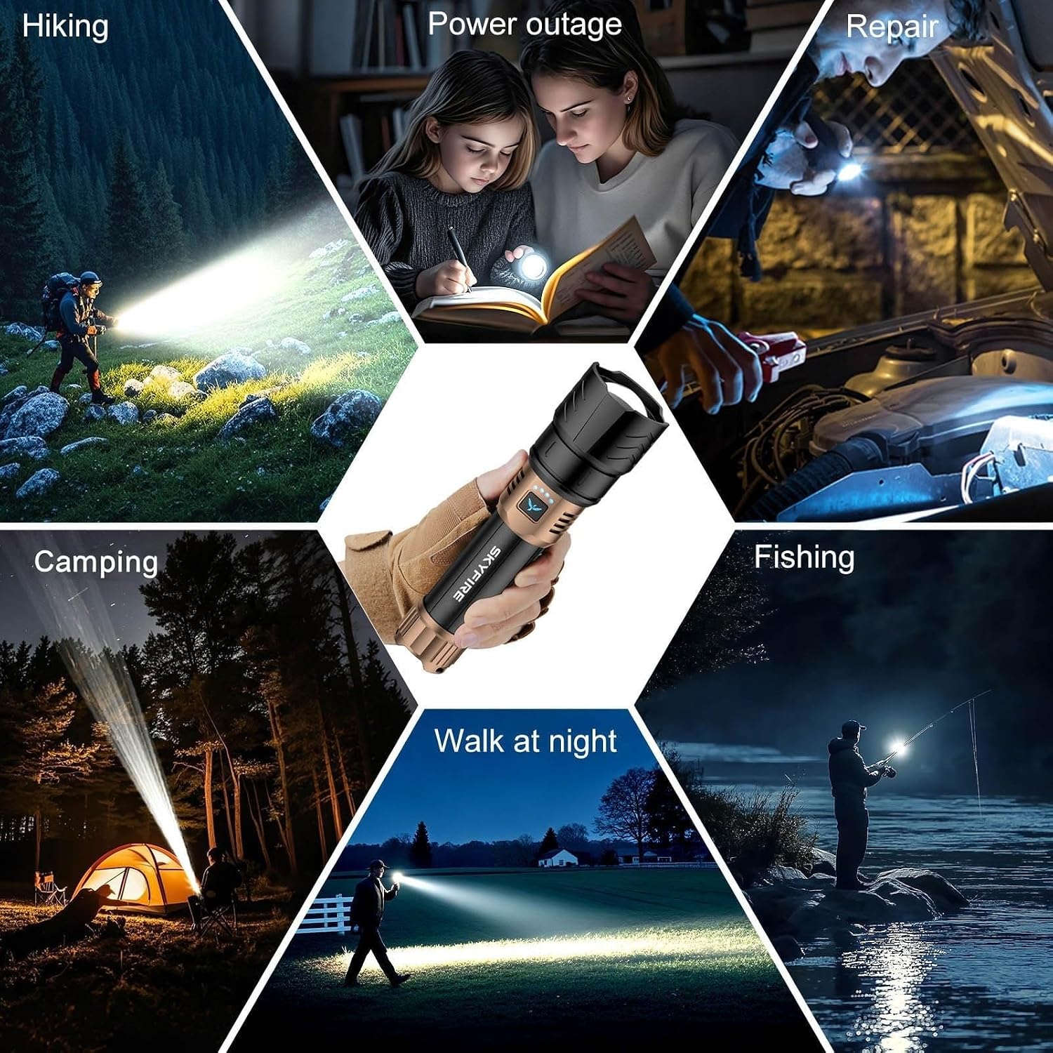 SKYFIRE LED Flashlights High Lumens with Ignition Lens,5000 Super Bright Rechargeable Flashlight,Zoomable,6 Modes,Waterproof Tactical Flash Light for Camping Essentials,Outdoor and Home,Gift - Image 6