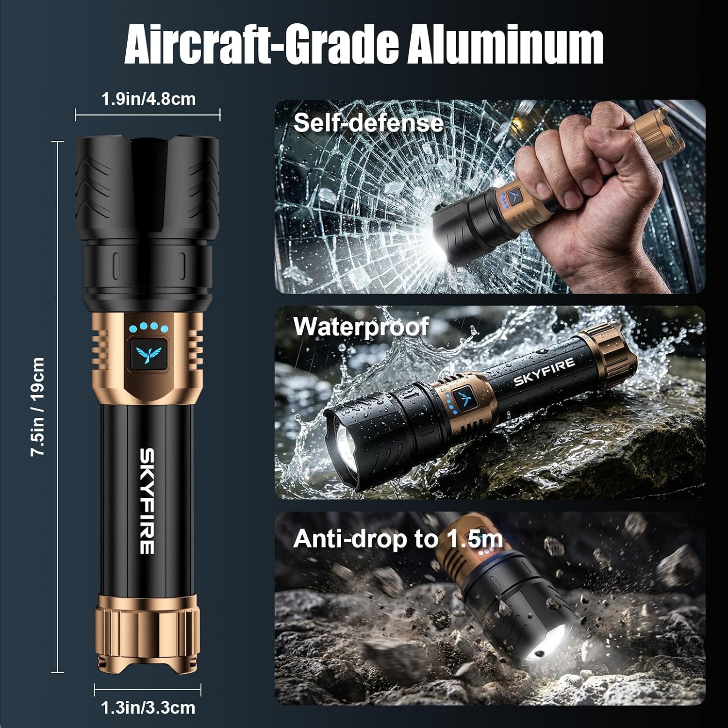 SKYFIRE LED Flashlights High Lumens with Ignition Lens,5000 Super Bright Rechargeable Flashlight,Zoomable,6 Modes,Waterproof Tactical Flash Light for Camping Essentials,Outdoor and Home,Gift - Image 7