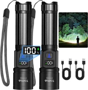 TrixHub Rechargeable Flashlights 2 Pack Super Bright High Lumens Flashlight | LCD Digital Display, 5 Modes, USB C Charging, Zoomable Linternas, Powerful Handheld Flashlights for Home Emergencies Camping